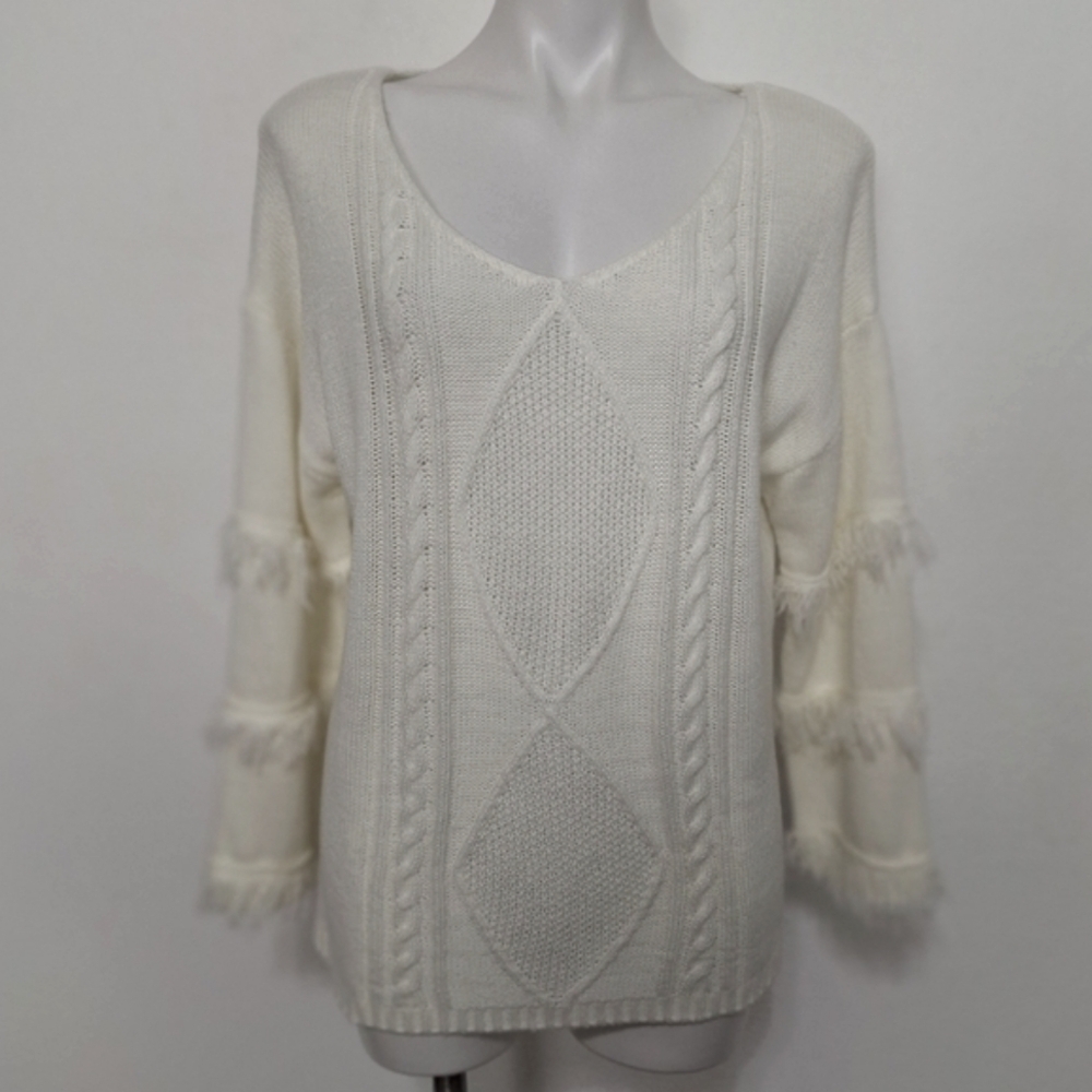 Cream Cable Knit Fringe Sleeve Coquette Long Sleeve Sweater Approx. Size L/XL